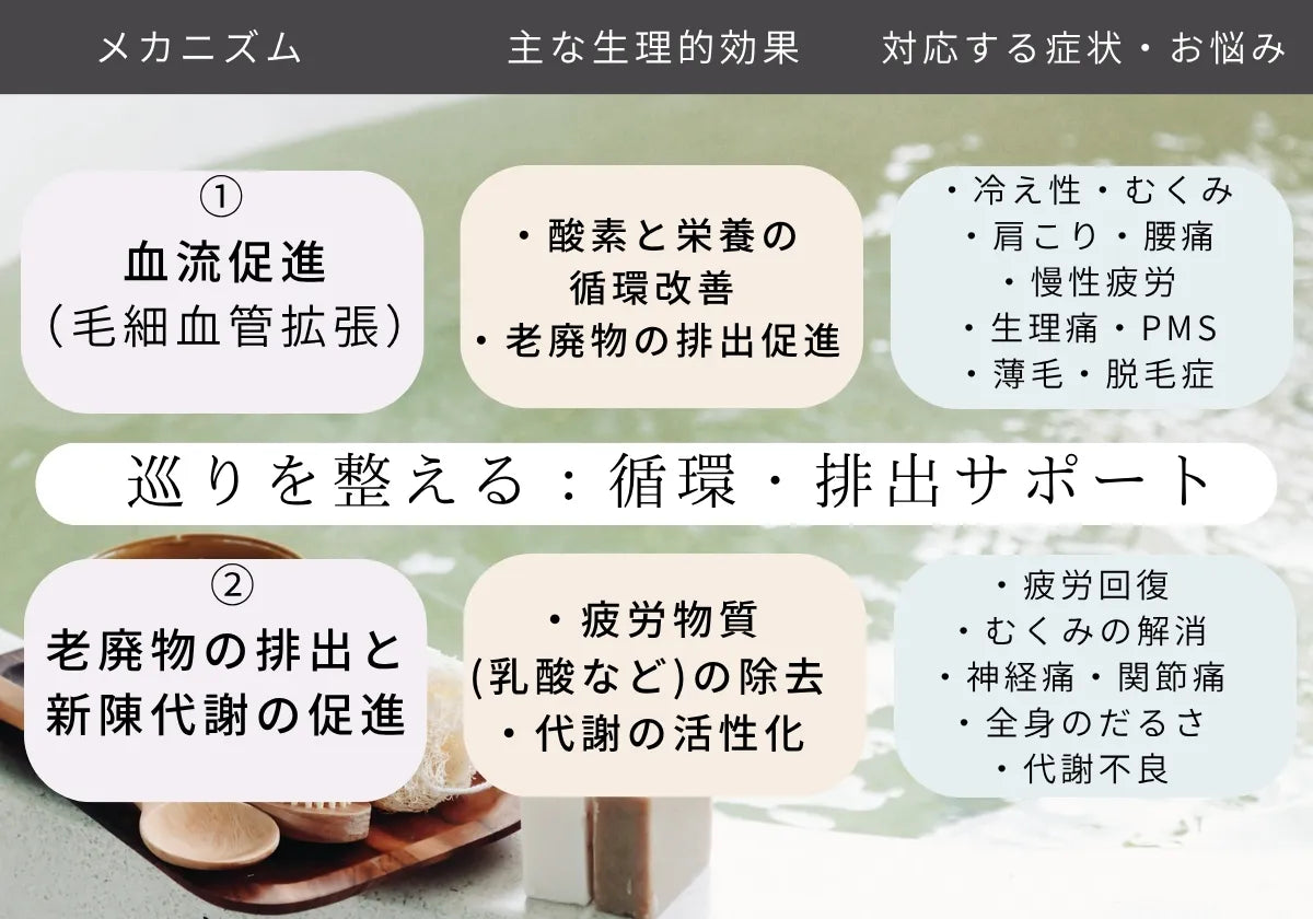血行促進で冷え性 むくみ 腰痛 慢性疲労 生理痛 PMS 薄毛 脱毛症 などの改善  老廃物の排出 による疲労回復  間接痛の改善などが期待できます