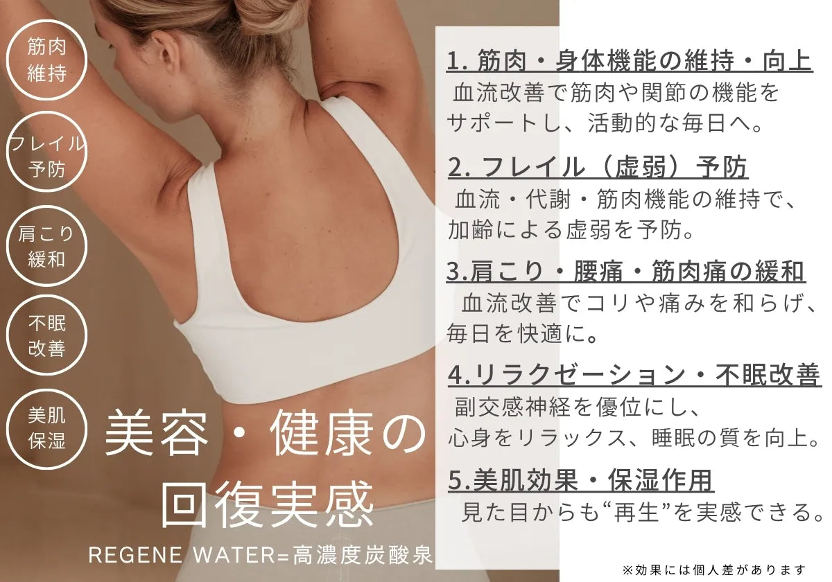筋肉維持　フレイル予防 肩こり緩和 不眠改善 美肌保湿 などが期待できる高濃度炭酸泉メーカー EVOKE SODA